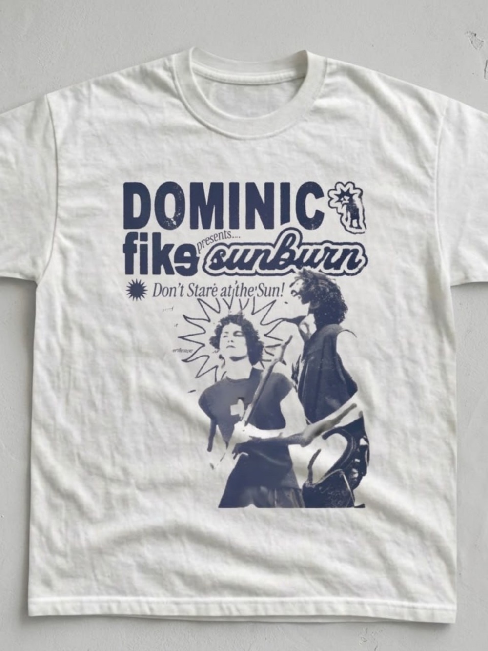 Gildan White Tee with Navy 'DOMINIC fiks Sunburn' Graphic